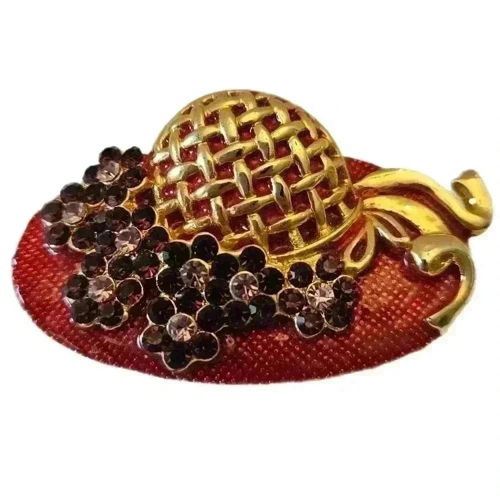 Red Hat Society Brooch Red Hat With Purple Rhinestone Grapes Gold Tone